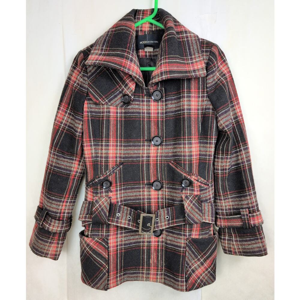 Moda International red plaid wool belted pea coat Sz S Y2K Preppy Retro Classic